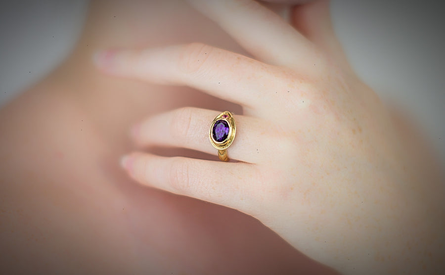 Amethyst Crown & Ruby Gold Snake Ring Ring Rosie Odette Jewellery