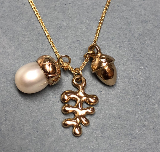 Pearl, Gold, Acorn Charm & Champagne Diamond Necklace ~
