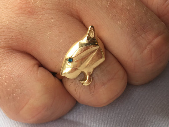 Bespoke 18 carat Gold Panther Head Engagement Ring & Blue Diamond