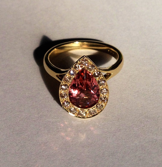 Gold, Dusty Pink Tourmaline & Champagne Diamond Engagement Ring