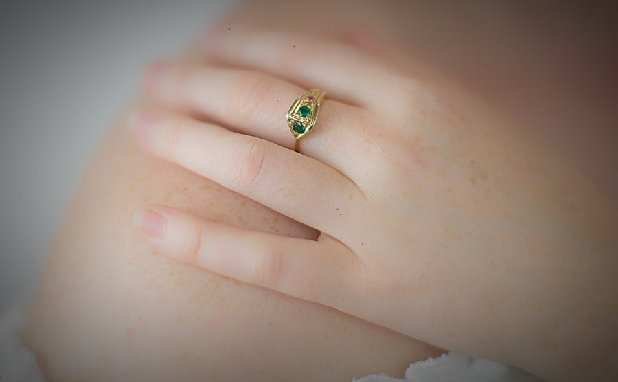 Gold Emerald & Ruby Cobra Snake Ring Ring Rosie Odette Jewellery