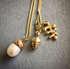 Solid Gold Pearl Acorn Necklace with Acorn Charms Necklace 18 Inch chain Rosie Odette Jewellery