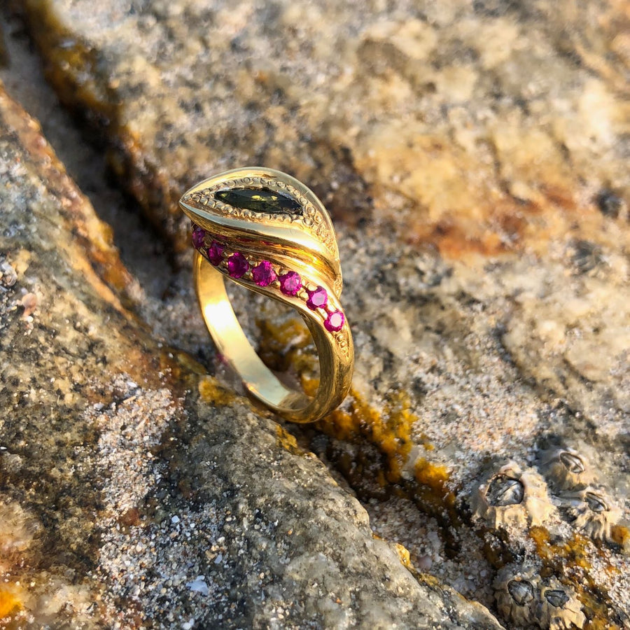 Gold, Ruby & Tourmaline Snake Ring Ring Rosie Odette Jewellery