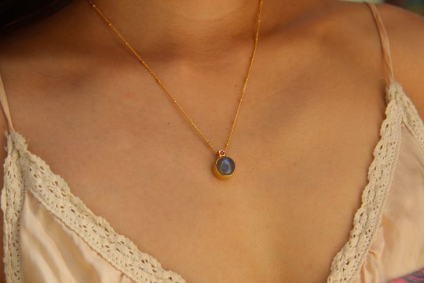 Silver & Gold Labradorite and Burmese Ruby Pendant Necklace Rosie Odette Jewellery