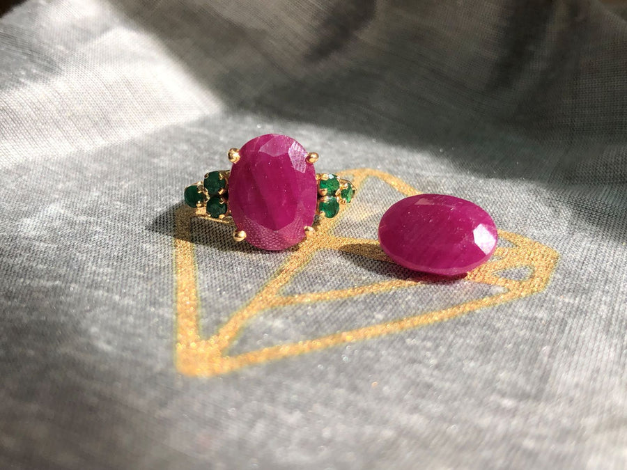 The Odette Gold Ruby & Emerald Cocktail Ring Ring Rosie Odette Jewellery