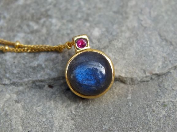 Silver & Gold Labradorite and Burmese Ruby Pendant Necklace Rosie Odette Jewellery